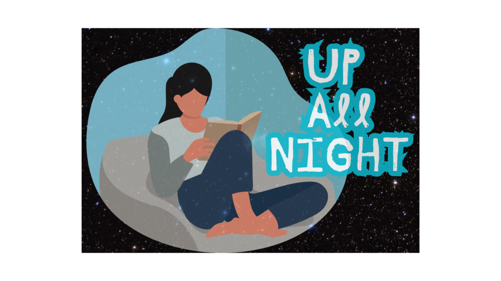 graphic of a woman reading with stars background